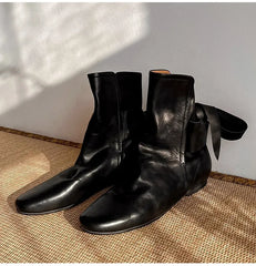 Soft Leather Lace-up Ankle Boots Comfortable Flats Short Booties Bowknot Chelsea Boots Shoes Botas