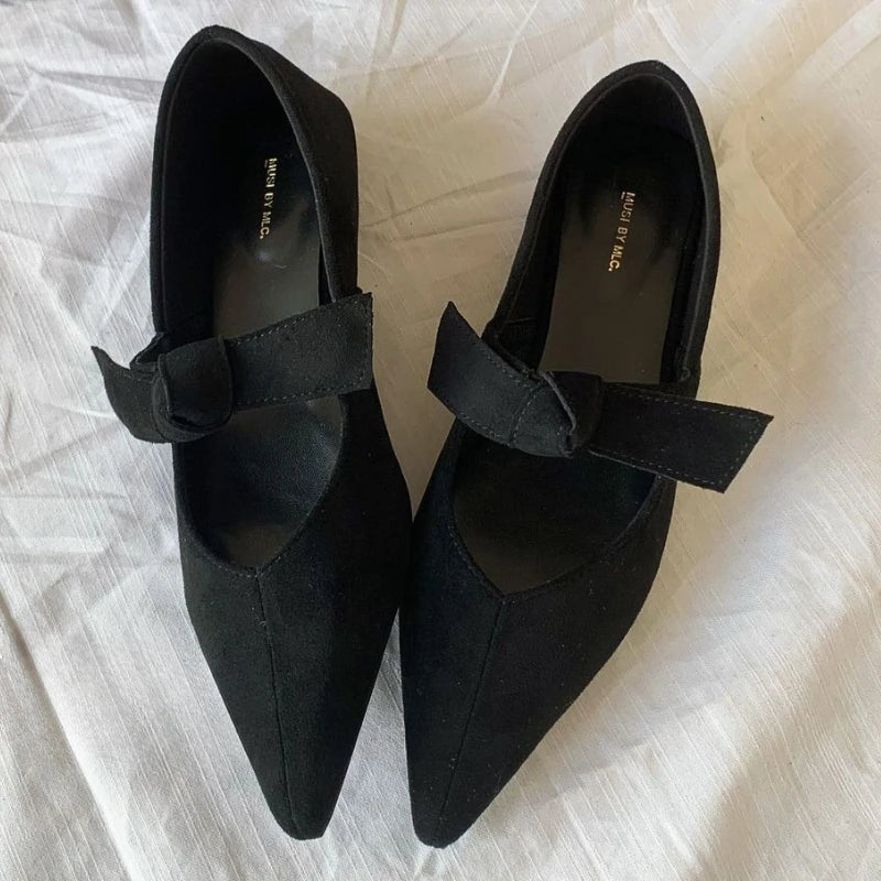 Satin Pointed Toe Mary Jane Bow Knitted Flats Shallow Comfortable Chunky Heel Elegant Design Ballet Shoes