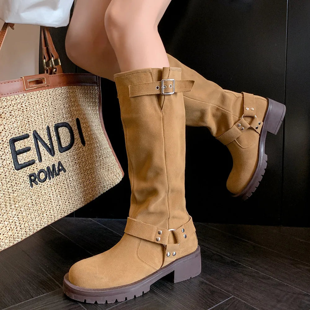 natural suede leather slip-on knee high boots thick sole platform flats long boots metal buckle punk shoes