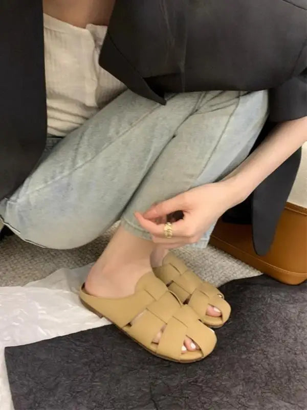 Shoes Slippers Soft Slides Slipers Cover Toe Low Loafers Fretwork Heels Comfort Flat Basic Fabric Rubber Cane PU