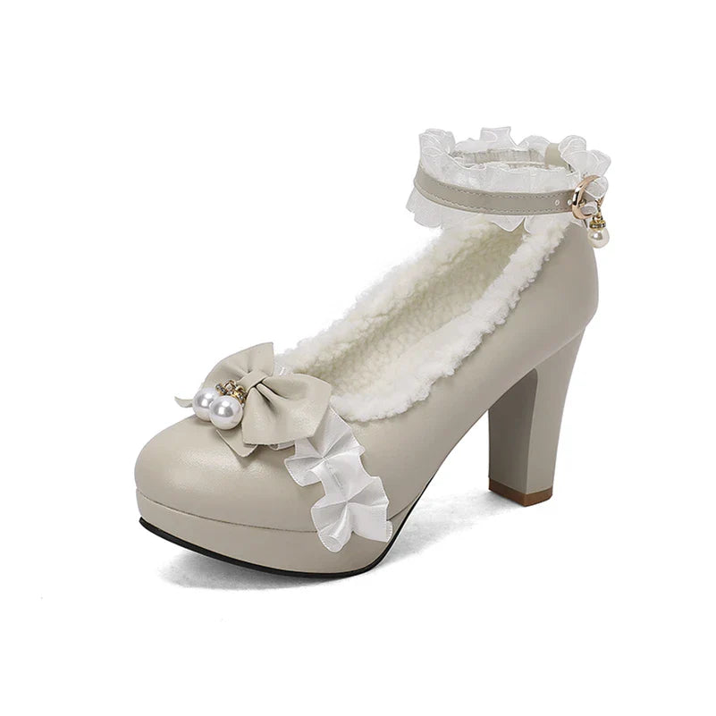 Ankle Strap Lolita Pumps Round Toe Thick High Heels Buckle Ruffles Bow Kawaii Cosplay Shoes Autumn
