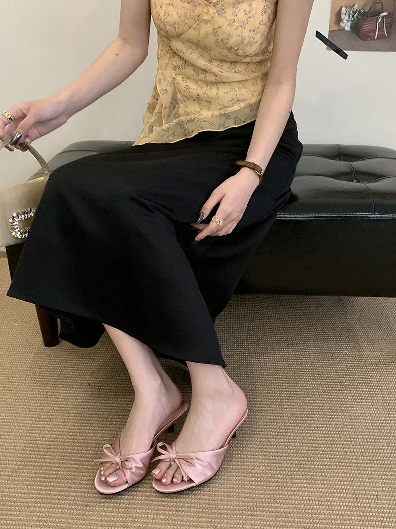 Silk Butterfly Knot Sandals Shallow Open Toe Thin Low Heels Mules Slides Shoes Zapatos Mujer