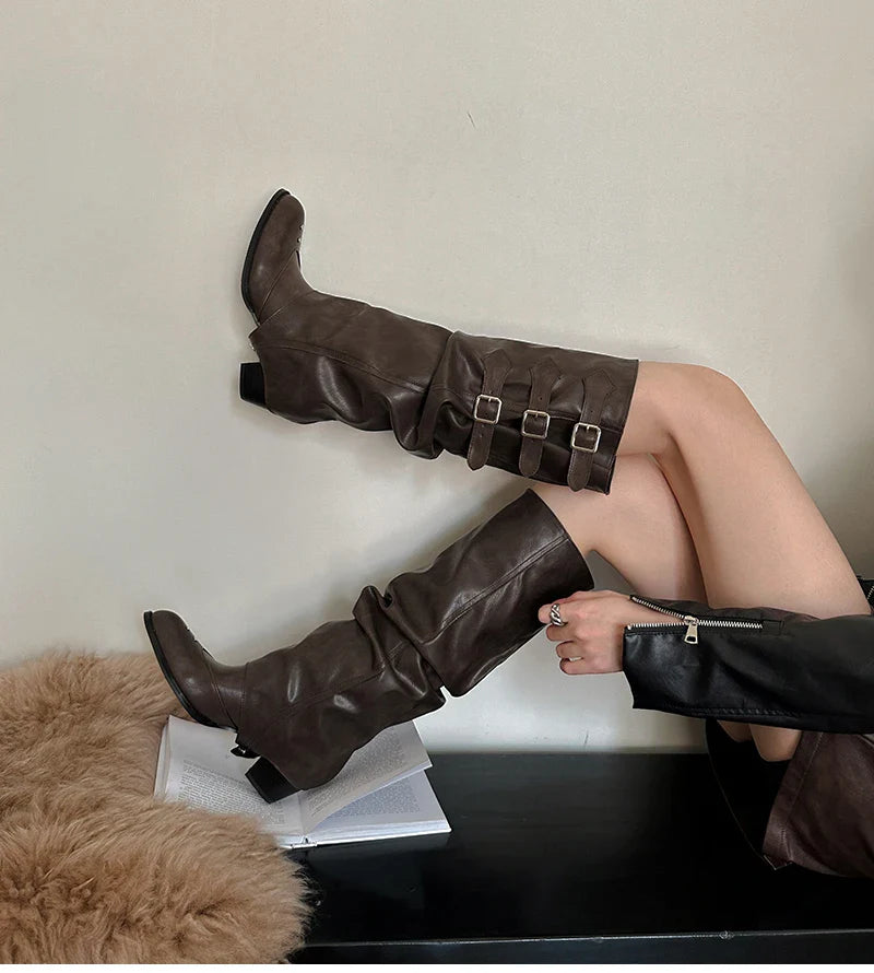 Vintage Belt Buckle Knee High Boots Removable Shoes Elegant Thick Heel Knight Long Booties