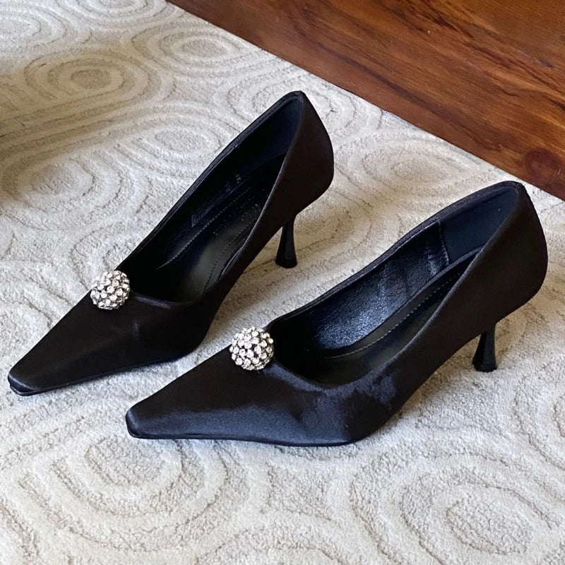 Silk Rhinestone High Heels Pointed Toe Pumps Elegant Office Shoes Shallow Brand Banquet