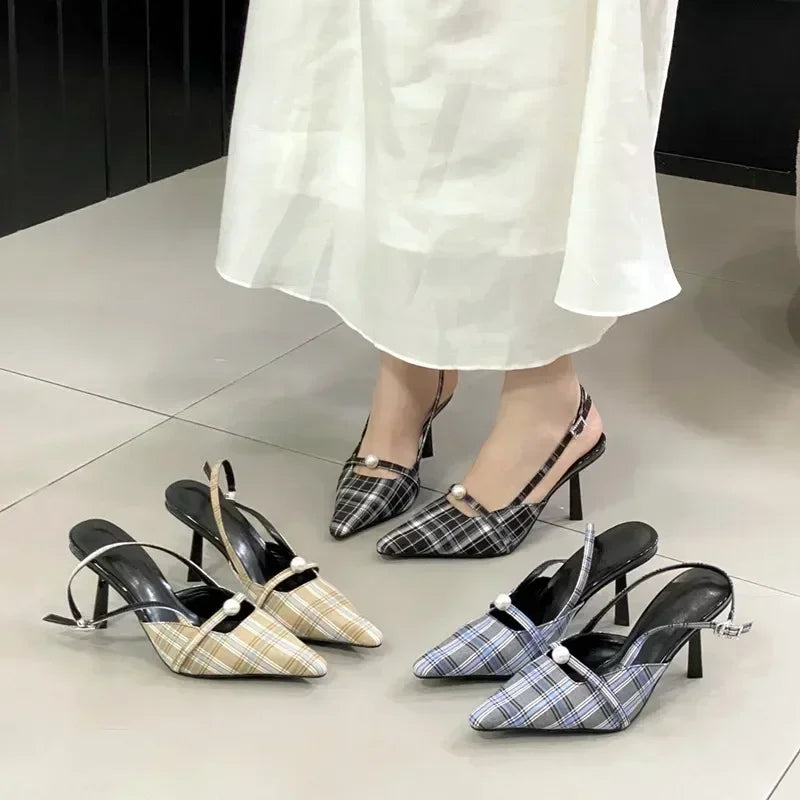 Pointed Toe Retro Plaid High Heels Elegant Slingbacks Shoes Office Sandalias De Mujer