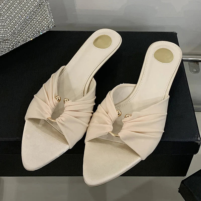 Pleated Silk Hollow Out Metal Buckle Slippers Sandal Pointed Toe Low Thin Heels Beach Party