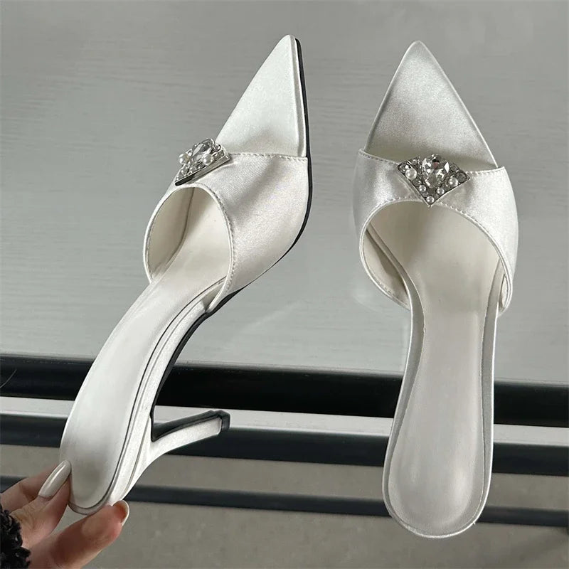 CRYSTAL Diamond Slippers Pointed Toe Shoes Thin Heels Banquet Slides Sandals