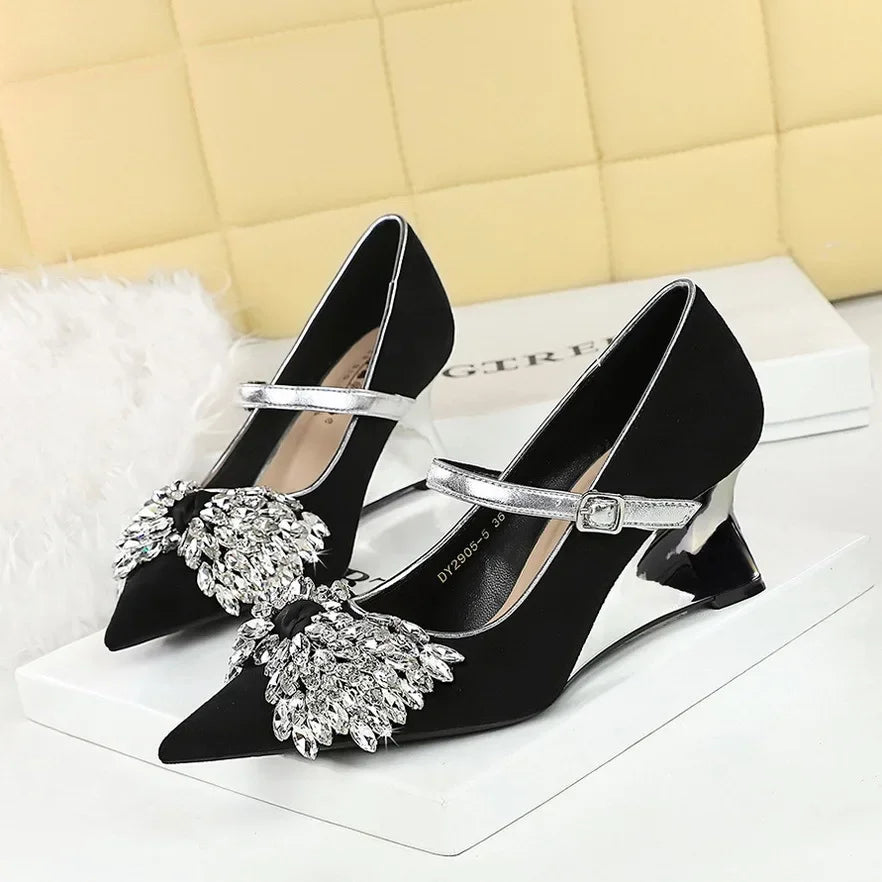 Rhinestone Design Wedge Shoes Shallow Elegant Pointed Toe Pumps Diamond Butterfly-knot High Heels Zapatos De Mujer