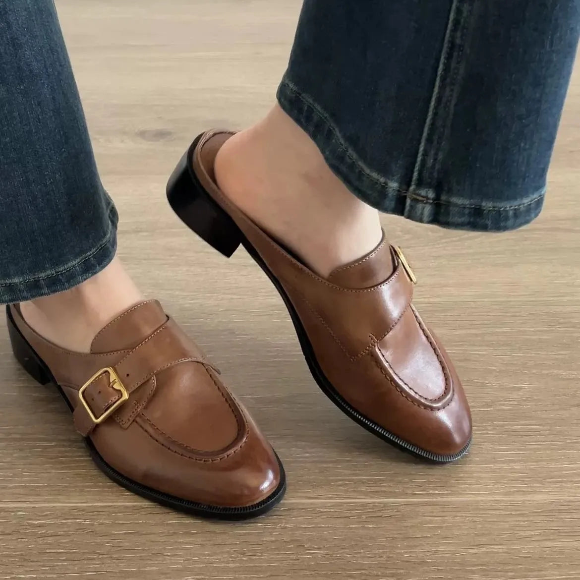 British Buckle Strap Mules Shoes Med-High Heels Slippers Slip On Derby Sliders Femmes Pantuflas PU Leather Loafers Woman