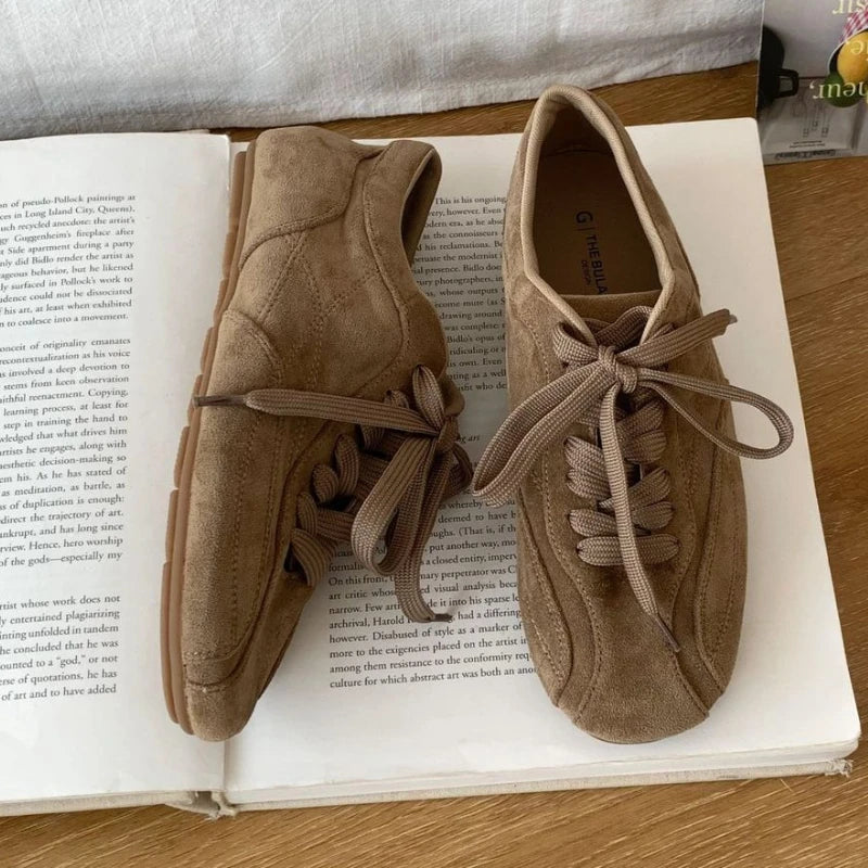 Retro Lace Up Flat Shoes Coyz Square Toe Ballet Sneakers Lightweight Non-Slip Outdoor Walking