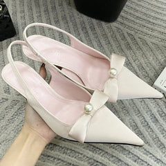 High Quality Satin Bow Pumps Pointed Toe Thin Heeled Backless Brand Shallow Mouth Sandal