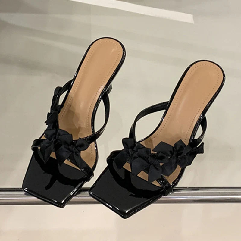 Yellow Silk Flowers Narrow Band Square Toe Mules Low Thin Heels Slippers Gladiator Sandals Shoes