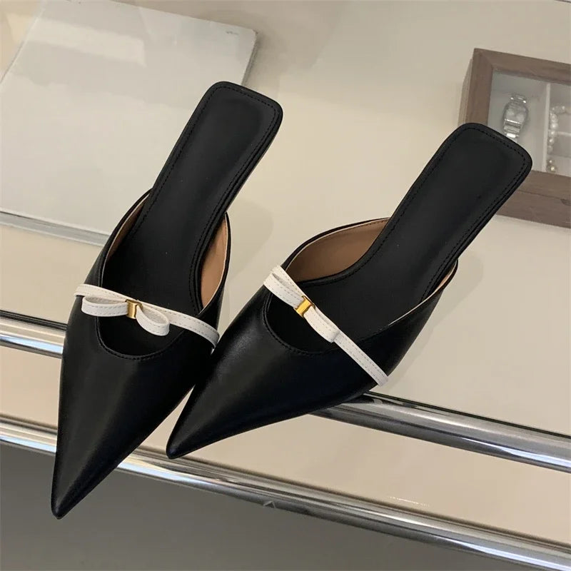 Design Style Butterfly-knot Woman Slippers Low Thin Heels Pointed Toe Shallow Mules Shoes