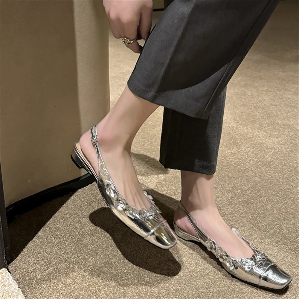 Genuine Leather Pumps FLowers Decoration Party Wedding Shoes Woman Slingbacks Pumps