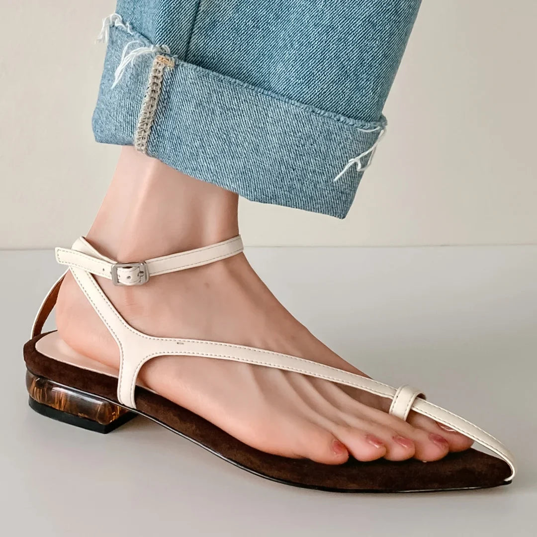 genuine leather narrow band ankle strap flats sandals pointed toe holidays beach sandals shoes