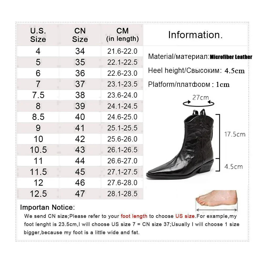 Pointed Toe Back Zipper Ankle Boots Thick High Heels Shoes Boots Cowboy Western Boots Botas de mujer