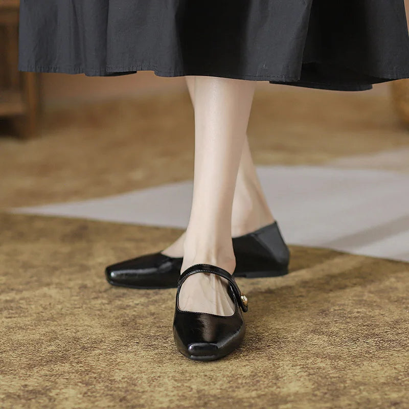 Square Toe Brown leather mary janes shoes woman retro ankle strap flats shallow mouth moccasins comfy ballerina shoes