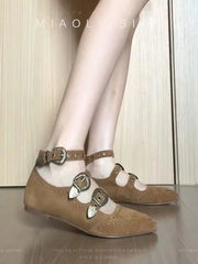 Retro Mary Jane Shoes British Style Pointed Toe Rivet Buckle Flat Bottom Beanie Shoes Girl Footwear