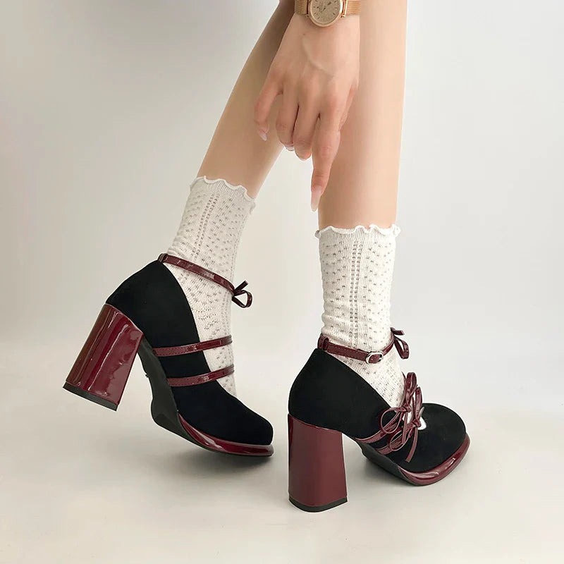Thick Heel Mary Jane Shoes Butterfly-knot Buckle Strap Shoes Elegant Party Dress Pumps