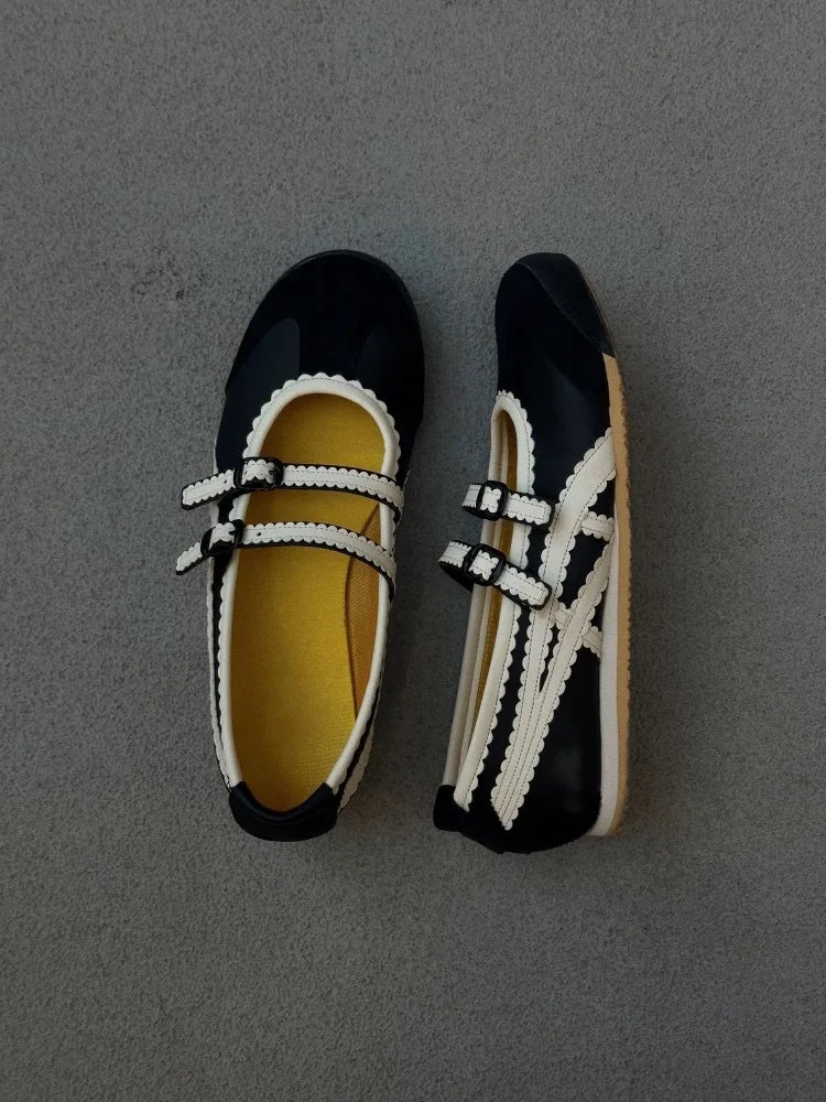Vintage Round Toe Shallow Mouth Velcro Sports Flat Ballet Shoes Mary Jane Shoes German Training Shoes