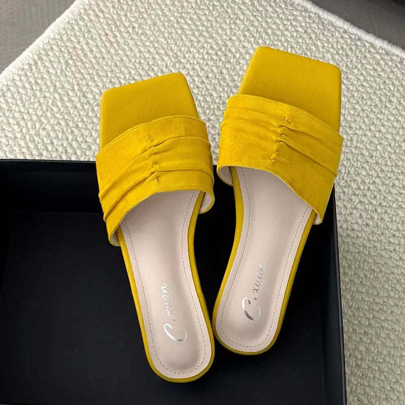 Square Toe Slippers Low Heel Casual Slides Comfort Non-slip Sandals Flats Beach Shoes