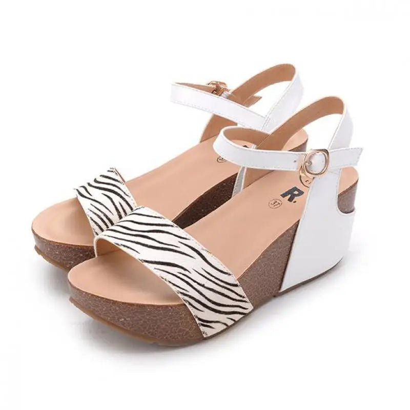 Genuine Horsehair High-heeled Thick-soled Leopard-print Roman Slope-heeled Sandals 32 33 Small Size Shoes