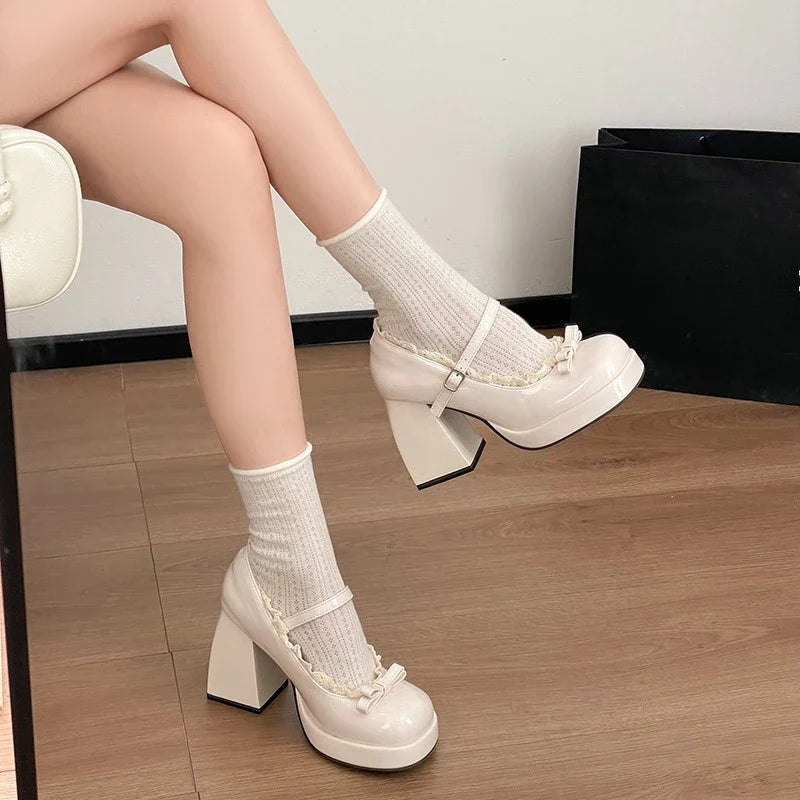 Platform High Heel Mary Jane Shoes Butterfly-knot Lace Shoes 2026 Wedding Party Shoes