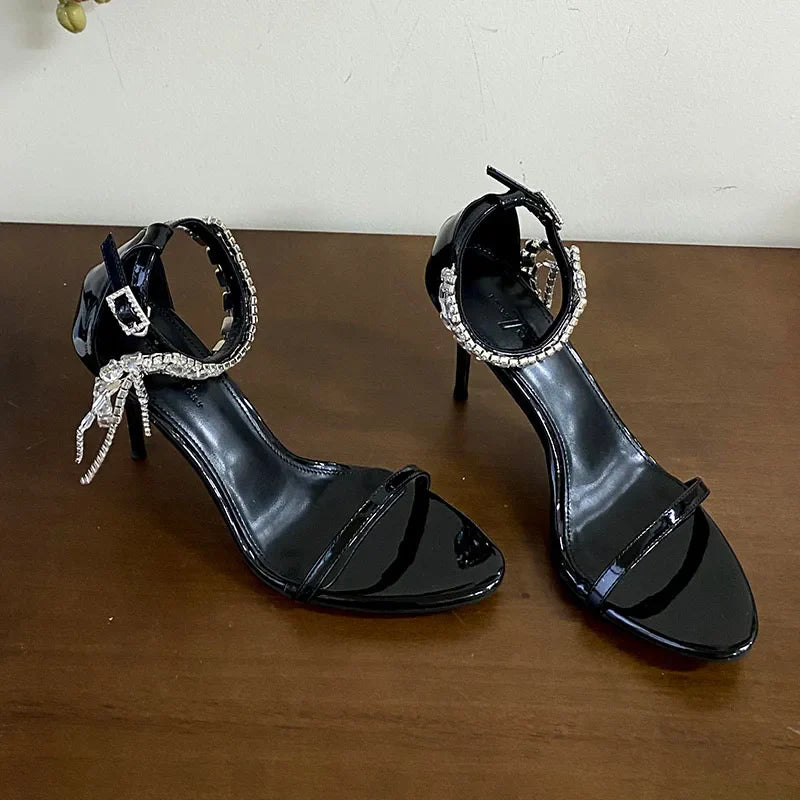 Rhinestones Heels Sandals Shoes Round Toe Ankle Strap Footwear Party High Heels