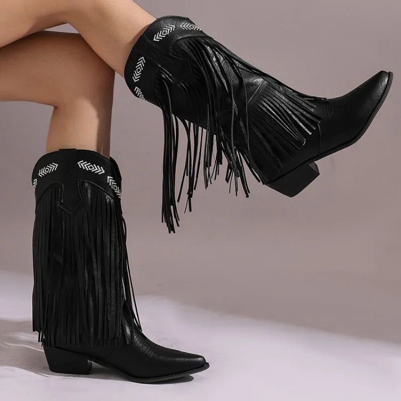 Fringe Western Boots Pink Sweet Embroidered Boots Brown Tassels Block Medium Heels Shoes Plus Size 48 Lady