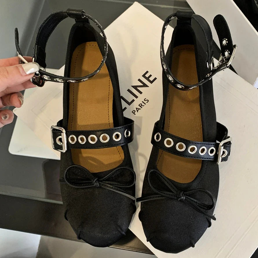 Rivet Ballerina Shoes Flat Mules Shoes Fashions Round Toe Skeleton Ballet Shoes Casual Metal Decoration Mary Jane Pumps