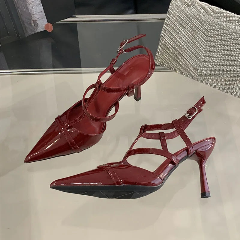 Pointed Toe Pumps Heels Shoes Ankle Buckle Footwear T-Strap Thin High Heels Shoes