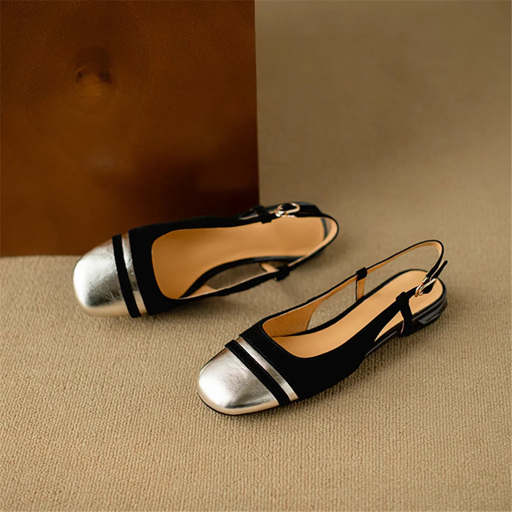 Classic Design Cow Leather Flats Shoes Slingbacks Comfort Woman Round Toe Flats Shoes