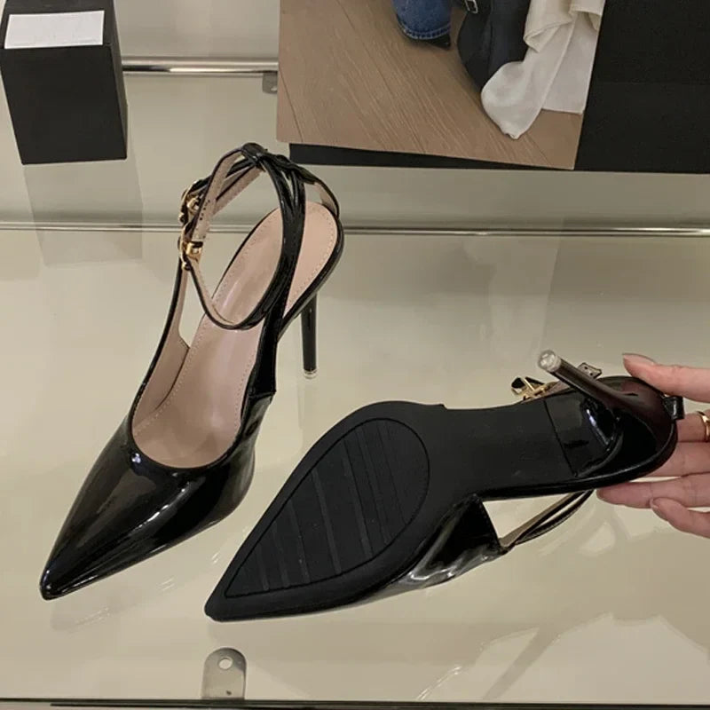 Pointed Toe Ankle Strap High Heels Elegant Party Shallow Brand Shoes Backless Stripper Shoes