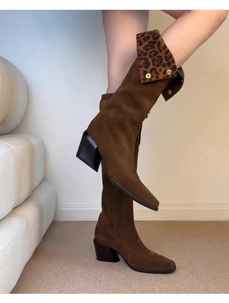 Leopard Knee High Boots High Heels Shoes Warm Long Boots Suede Pumps Chunky Chelsea Boots Snow Botas