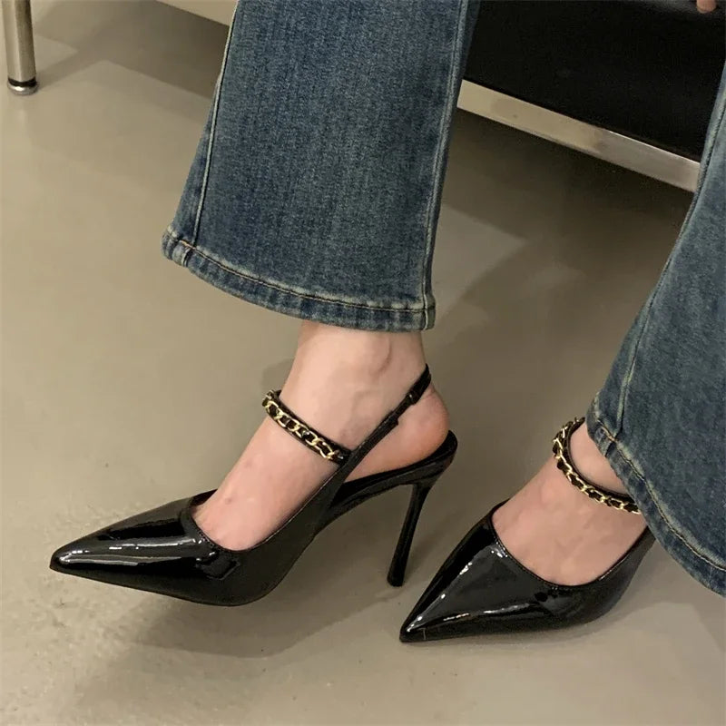 Street Style Rivet Pointed Toe Sandals Buckle Strap Thin Heels Party Prom Stripper Shoes