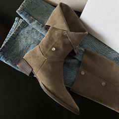 plus size 34-42 natural suede leather metal buckle slip-on flats autmn knee high boots fold casual boots shoes