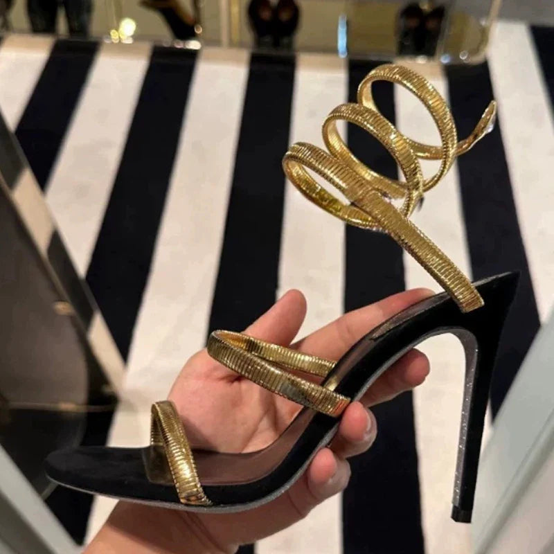 Metal Gold Snake-Shaped Wrapped Ankle Sandals Woman Sliver Open Toe High Heels Wedding Bridal