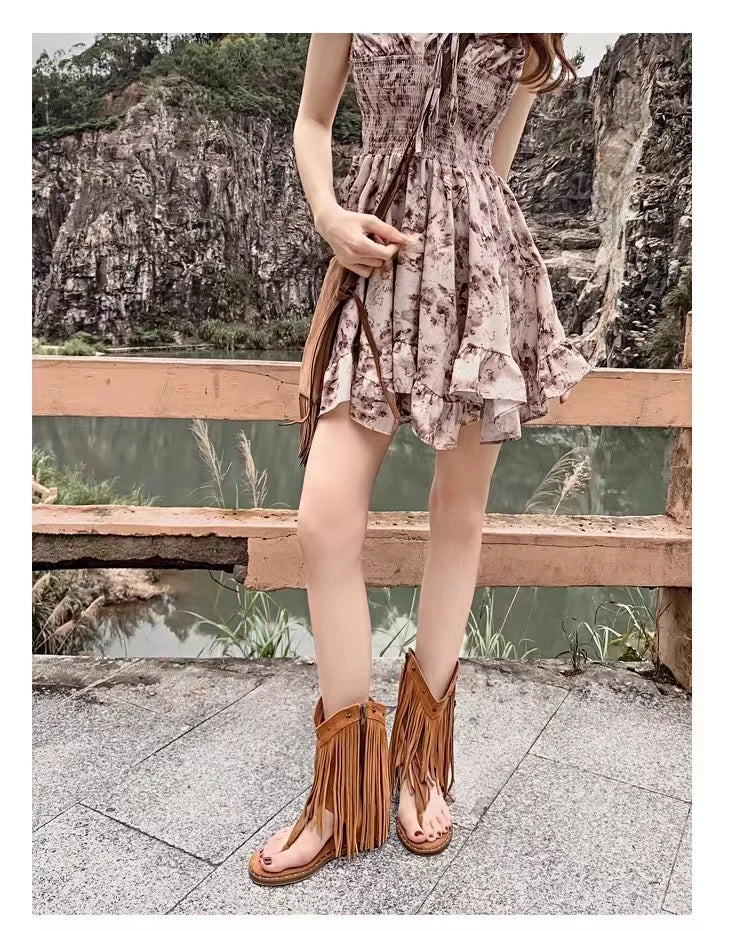 Fringe Ankle Cool Boots Sandals Flats Clip Toe Shoes Brand Casual Woman Zapatillas