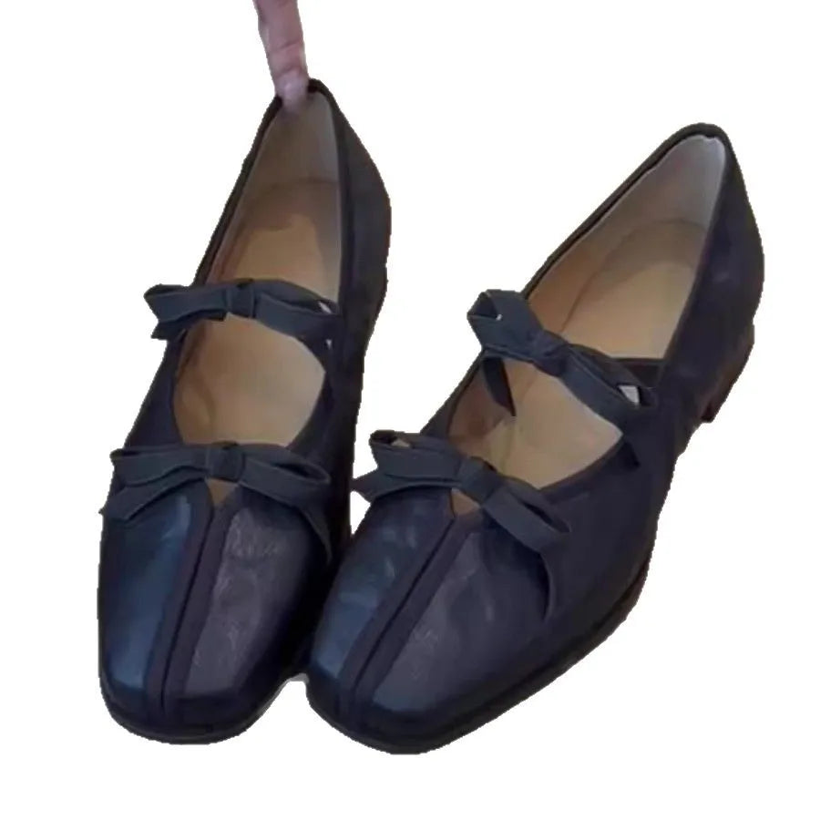 Genuine Leather Bow Decorated Ballet Shoes Mary Jane Style Flat Shoes Outdoor Casual Shallow Mouth Loafers Shoes Fashion