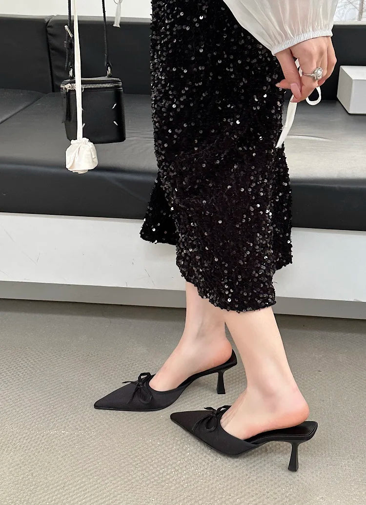 Butterfly-knot Slipper Pointed Toe Slip On Mules Thin Low Heel Zapatos Mujer