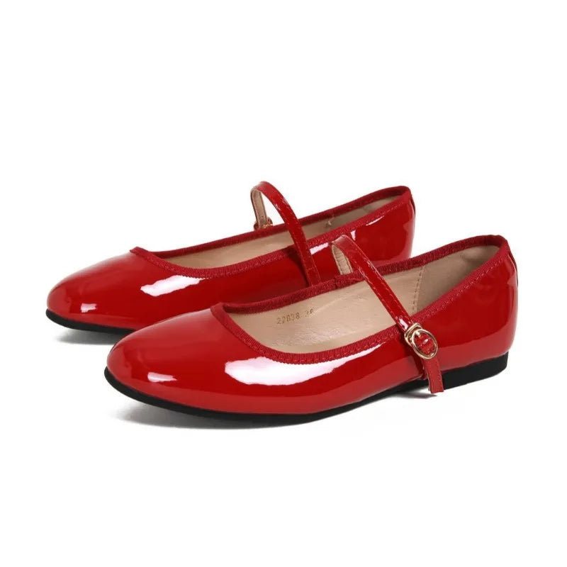 Shiny PU Leaather Flats Mary Janes Shoes Red Elegant Basic Pointed Toe Loafers Daily Casual Black Shoes
