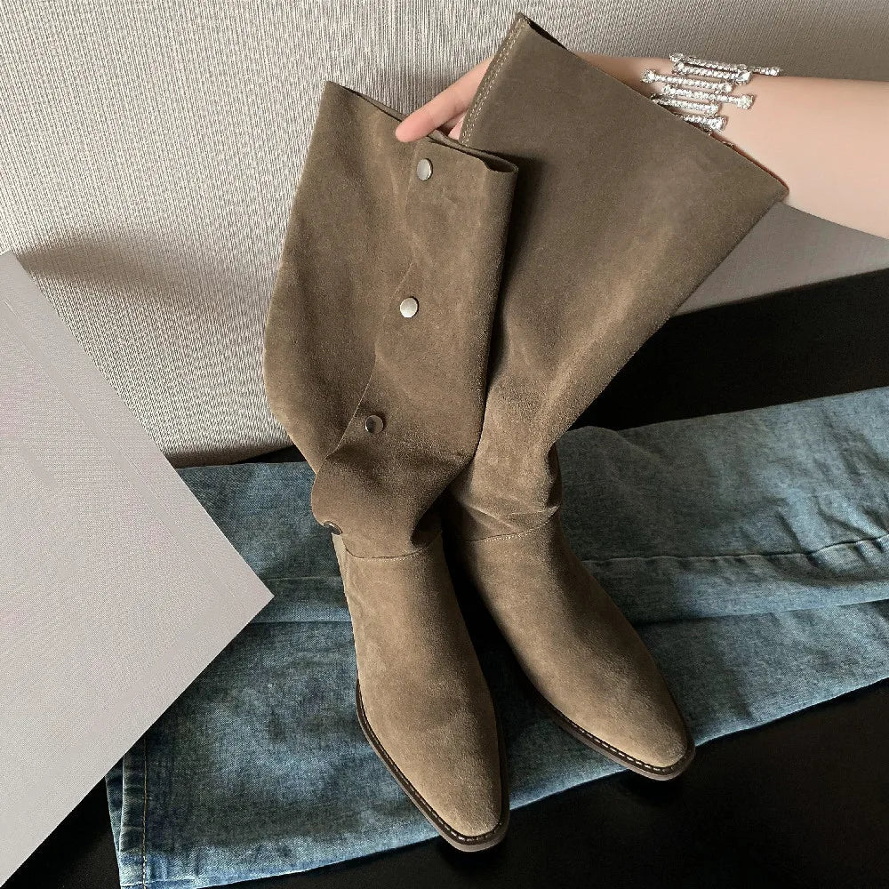 plus size 34-42 natural suede leather metal buckle slip-on flats autmn knee high boots fold casual boots shoes