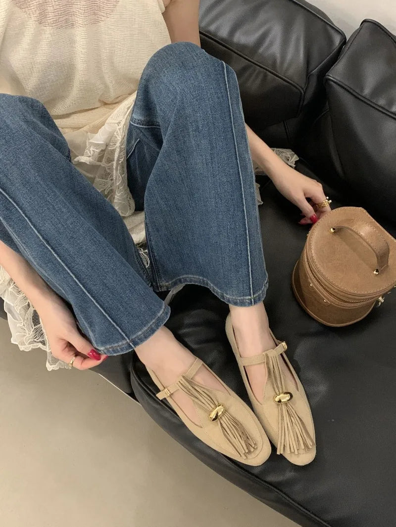Metal Decoration Tassel Design Flats Comfortable Faux Suede Soft Sole Loafers Retro T Strap Buckle Mary Jane Shoes