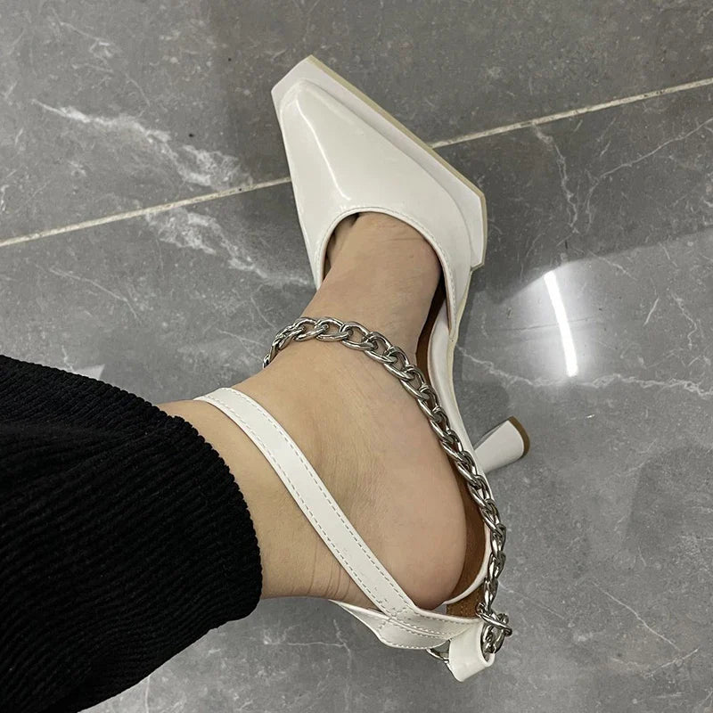 Buckle Pointed Toe Sandals Metal Chain Sandalias Stiletto High Heels Party zapatos de mujer