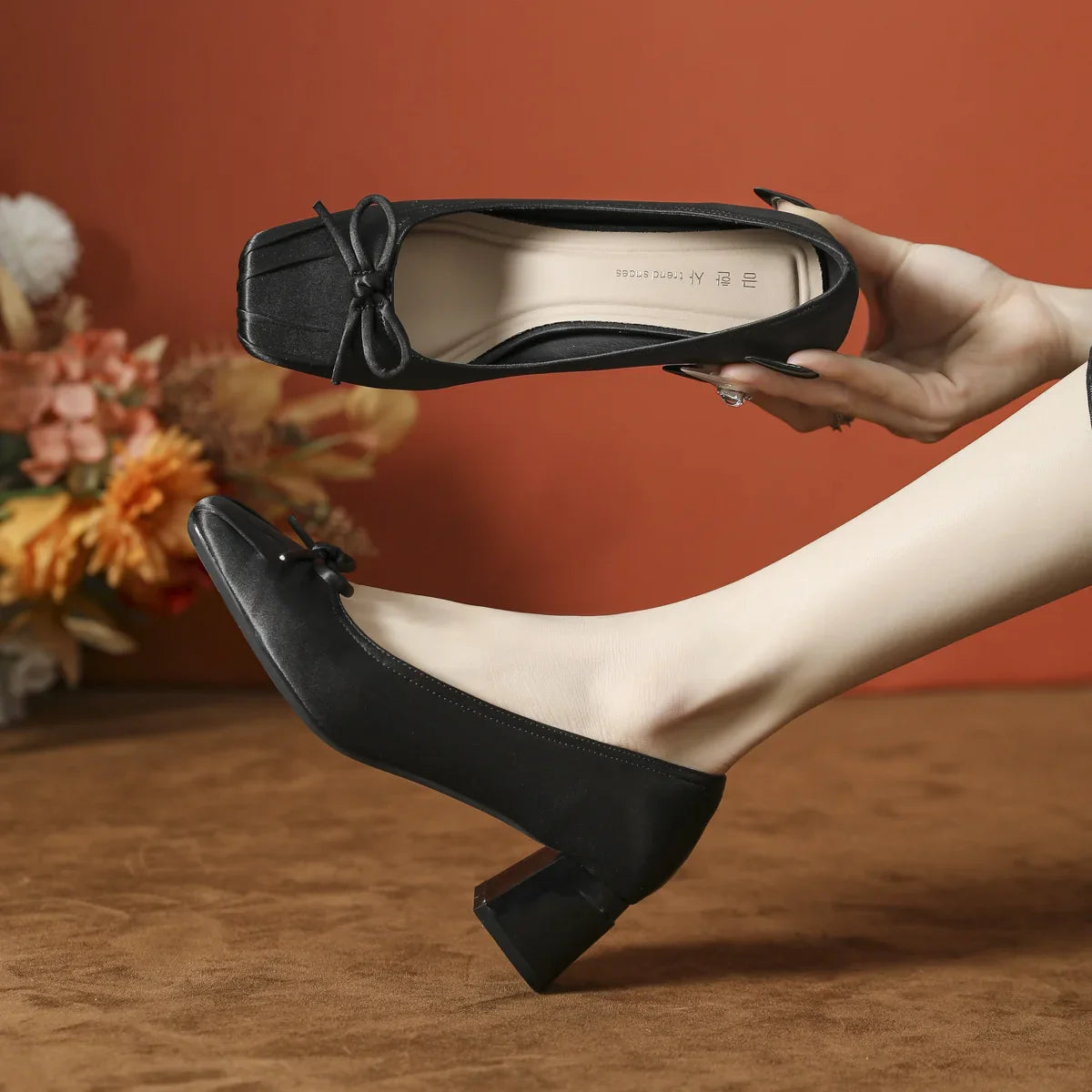 Pumps Butterfly Satin Ballet Shoes Square Head Shallow Mouth Pumps High Heels Thick Heel Not Tired Feet