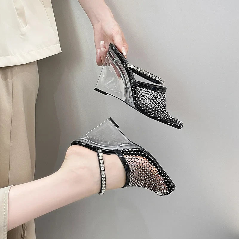 Sandals Rhinestone Mesh High Heels Footwear Elegant Square Toe Transparent Wedges Slippers