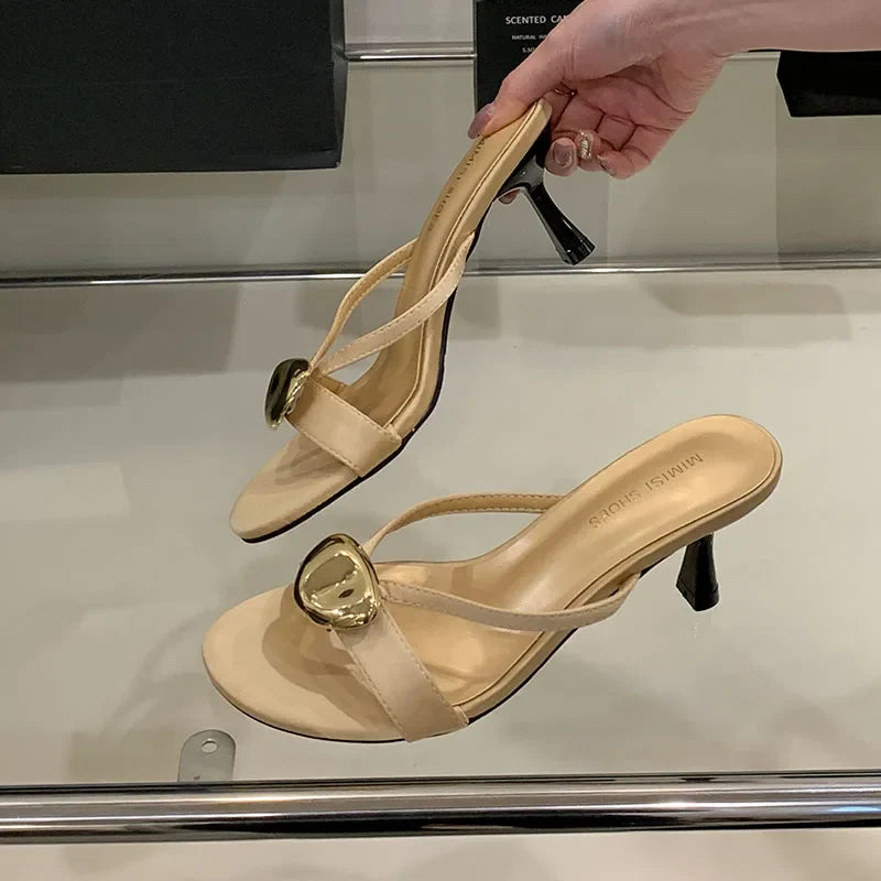 Metal High Heels Pumps Slides Shoes In Slip Round Toe Thin Heels Shoes
