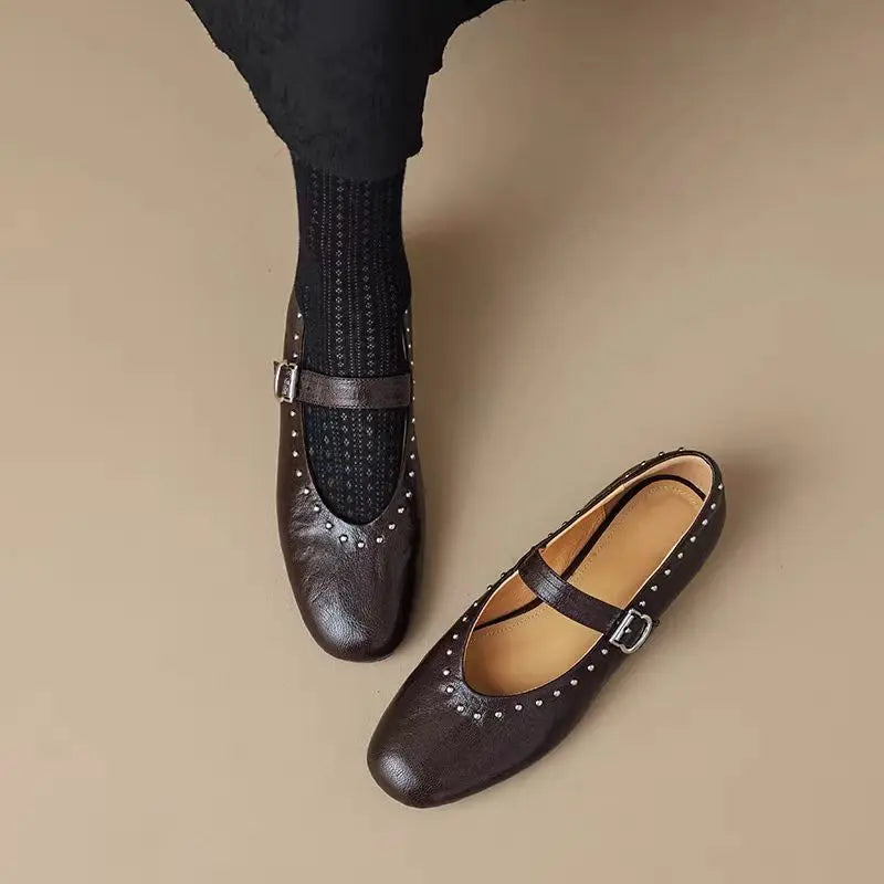French Retro Mary Jane Ballet Shoes Flat Flat Casual Round Toe Riveted Shallow Mouth Single Shoes