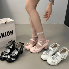 Butterfly-knot Lolita Mary Jane Shoes Elegant Round Toe Thick Heel Shoes Dress Pumps