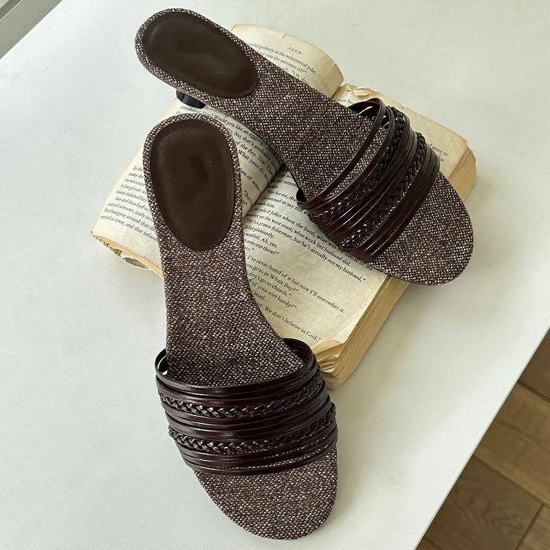 Low Heel Weave Slippers Elegant Open Toe Dress Slides Outdoor Gladiator Shoes